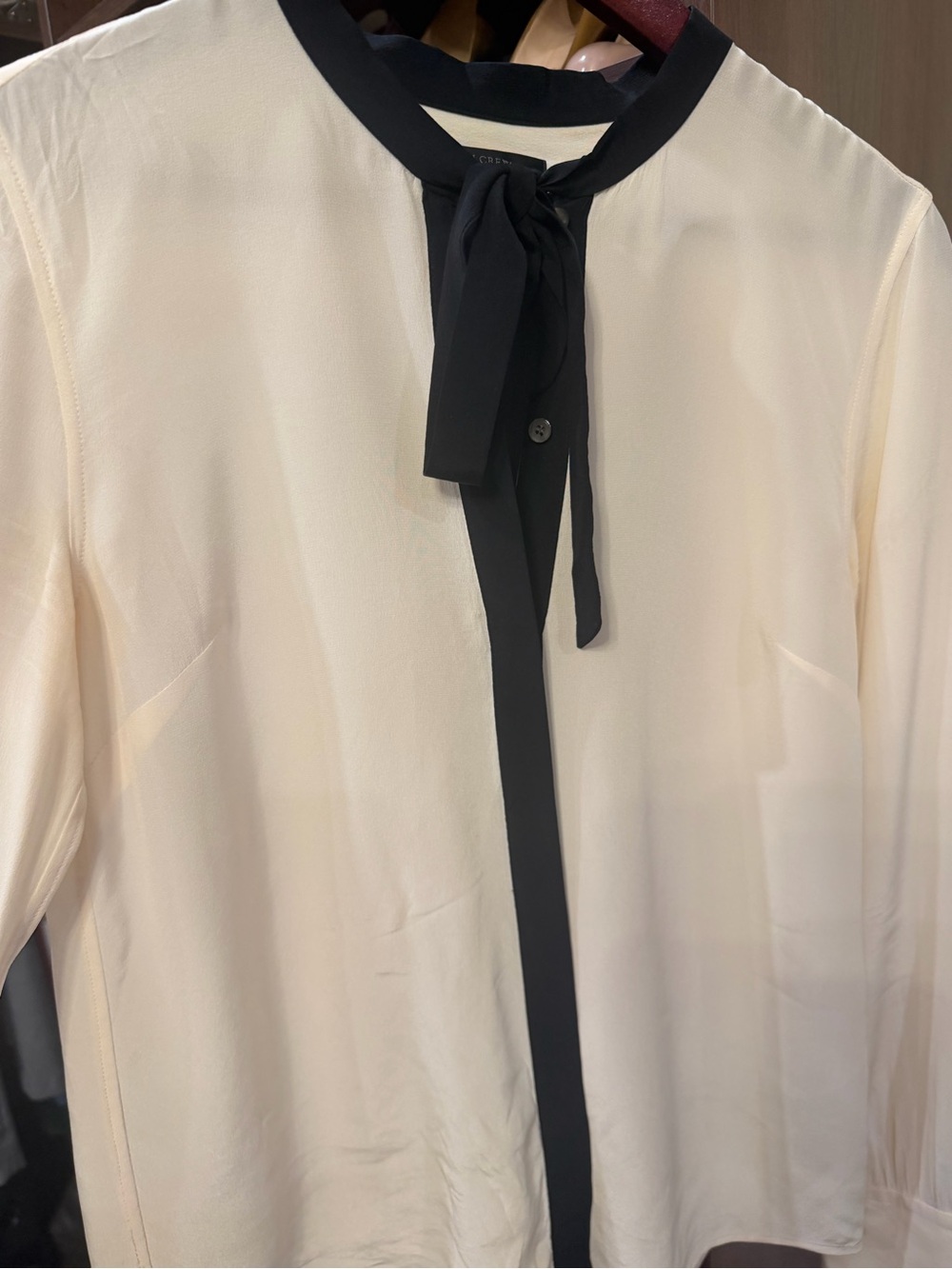 JcrewCream Blouse with Black Tie-Front Trim